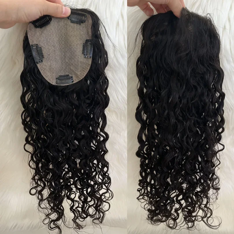 Long Curly Human Hair Topper European Virgin Natural Skin Silk Base Women Toupee Hairpiece_voghion.com