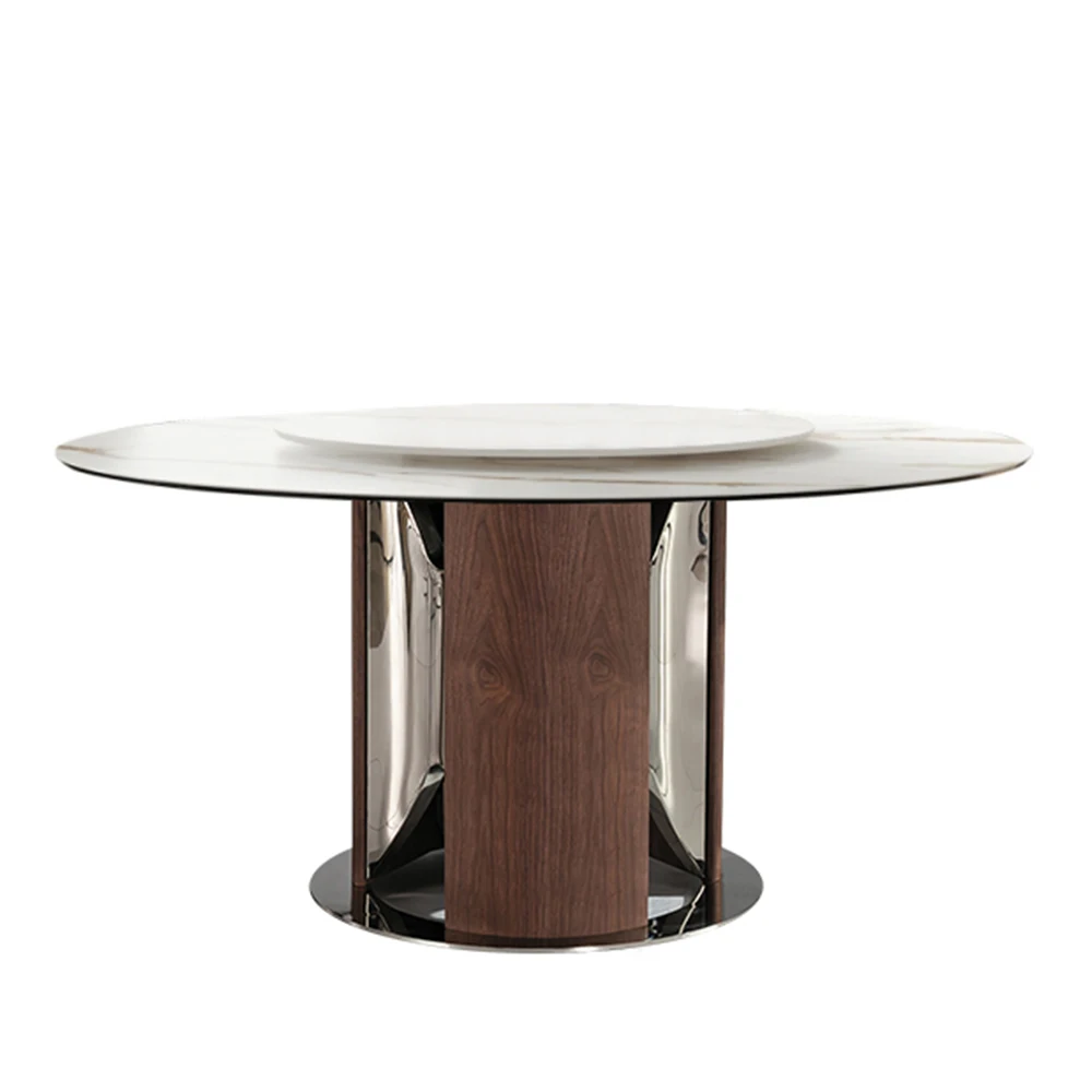 Modern Home Dining Room Furniture Double-Layer Round Table with Turntable Metal Sets & Marble Top
