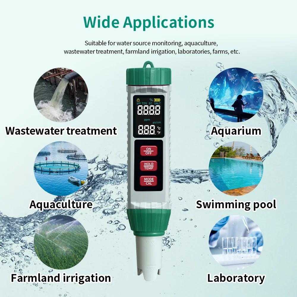Testeur D’eau 5 En 1 Pour Piscine – PH, Sel, TDS, EC, Température Avec écran LCD Rétroéclairé