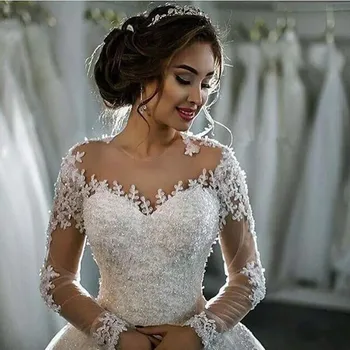 Luxury Applique Crystal Wedding Dresses With Gorgeous Jewel Long Sleeve Covered Button Back Sweep Train Bridal Gown