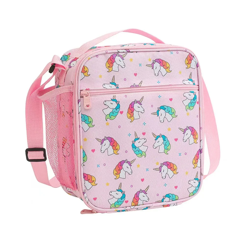 New Arrival Portable Cartoon Unicorn Kids Student Insulated Lunch Bento Bag with Side Mesh Pocket for School Picnic