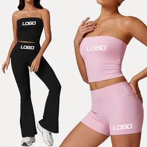 Custom Active Wear Strapless Padded Yoga Vest Tube High Waist Flared Leggings Set 3 Pcs Long Sleeve Workout Sets for Women