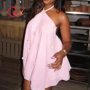 GX0009 Fashion 2026 Lady Summer Sexy Elegant Halter 3D Floral Mini Dresses Women Clothing Boutique Backless Party Dress