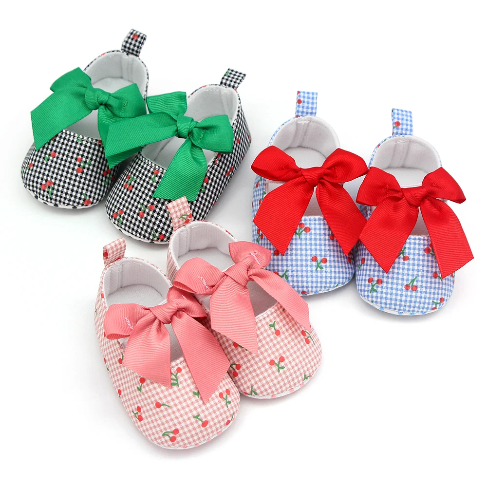 Wholesale Cheap Baby Girls Soft Sole Bow Knot Cherry Mary Jane Flats Infant Princess SlippersToddler Wedding Dress Shoes