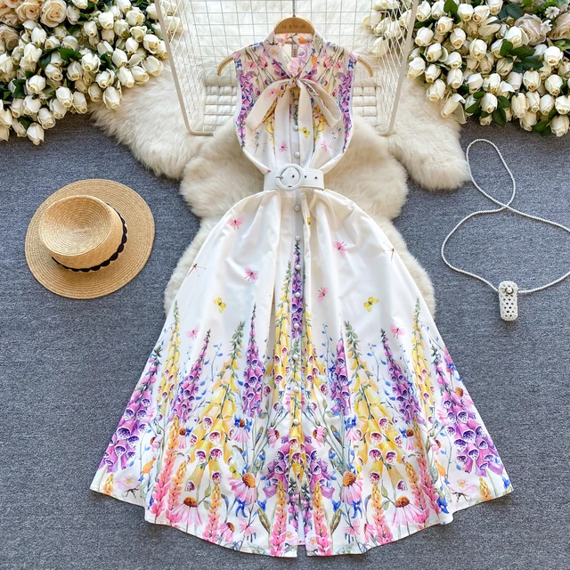 ZT1256 Spring women's floral design printed swing holiday maxi dress Sweet bow neck sleeveless dress