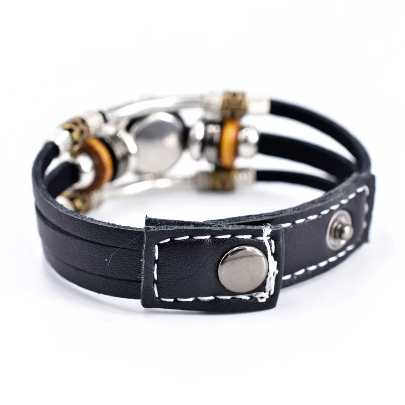 Three Layer Button 12 Horoscope Symbol Pattern Leather Weaving Adjustable Bracelet for Teenager ZU035