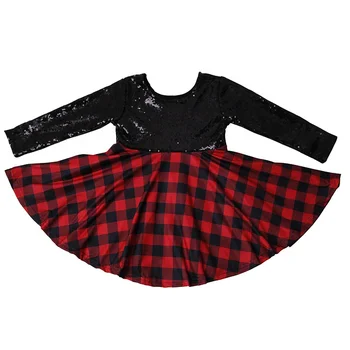 winter kids clothes boutique twirl dress winter baby black and red plaid girls twirl dress With Sequin christmas Skirt