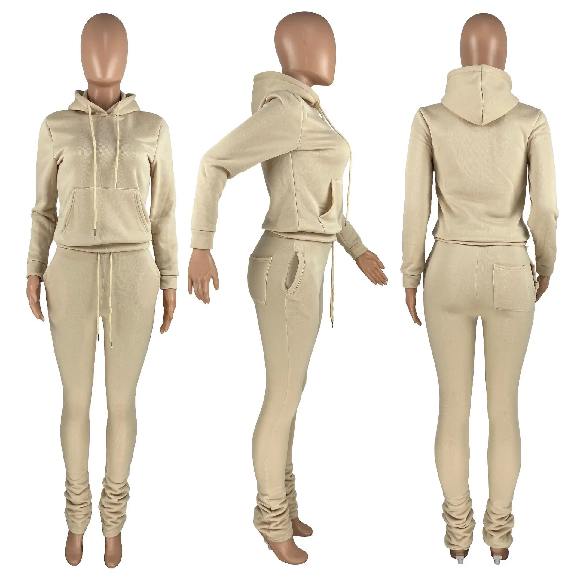 Winter woman clothing new arrivals jogger pullover hoodie and thick stacked sweat pants set
