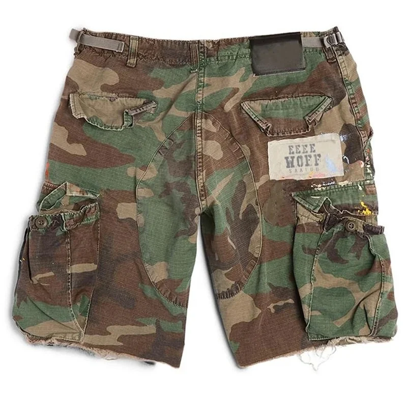 High Street Fashion Elastic Waist Jean Shorts Men Manufacturer Custom Logo Distressed Camouflage Shorts Denim Camo Shorts gallery 2