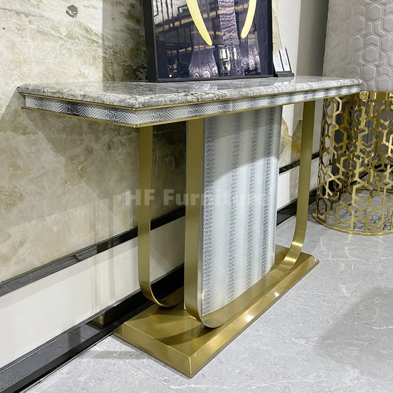 Crocodile Skin Hallway Console Table Gold Console Table Modern Luxury Marble Top