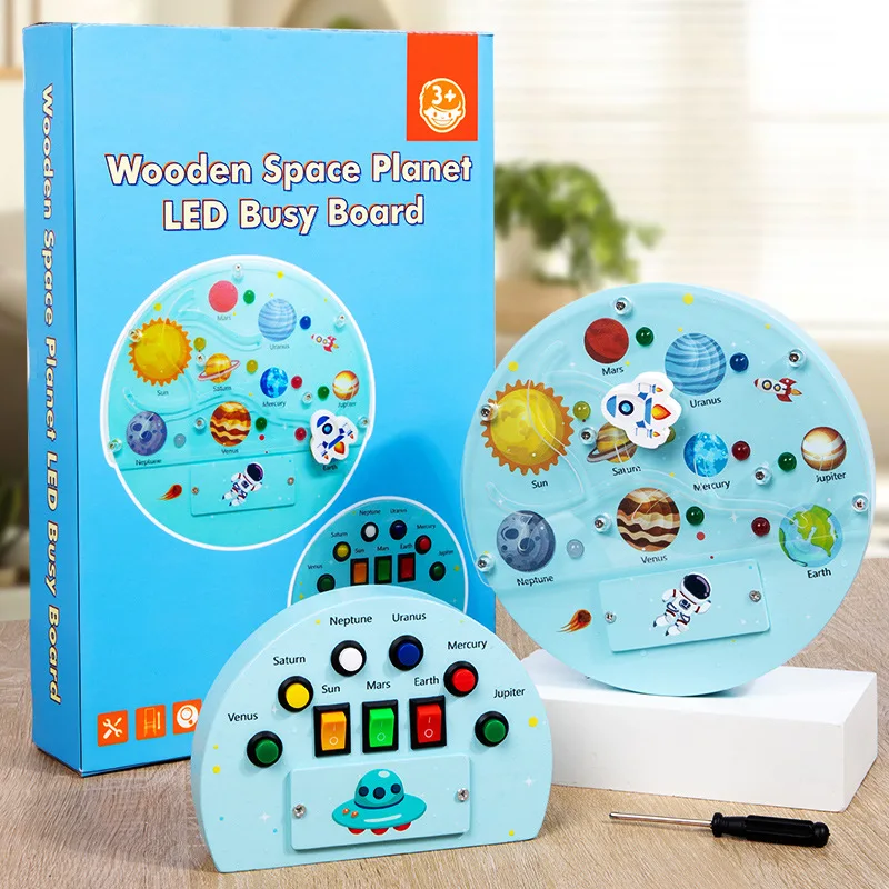 Unisex Kinder LED Licht Montessori Busy Board Spielzeug Frühe Pädagogische Holz Raum Planet Lernen Spielzeug