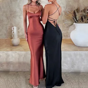 Satin Backless Maxi Dress for Women Autumn New Spaghetti Strap Sleeveless Bodycon Long Dress Vestido Clubwear
