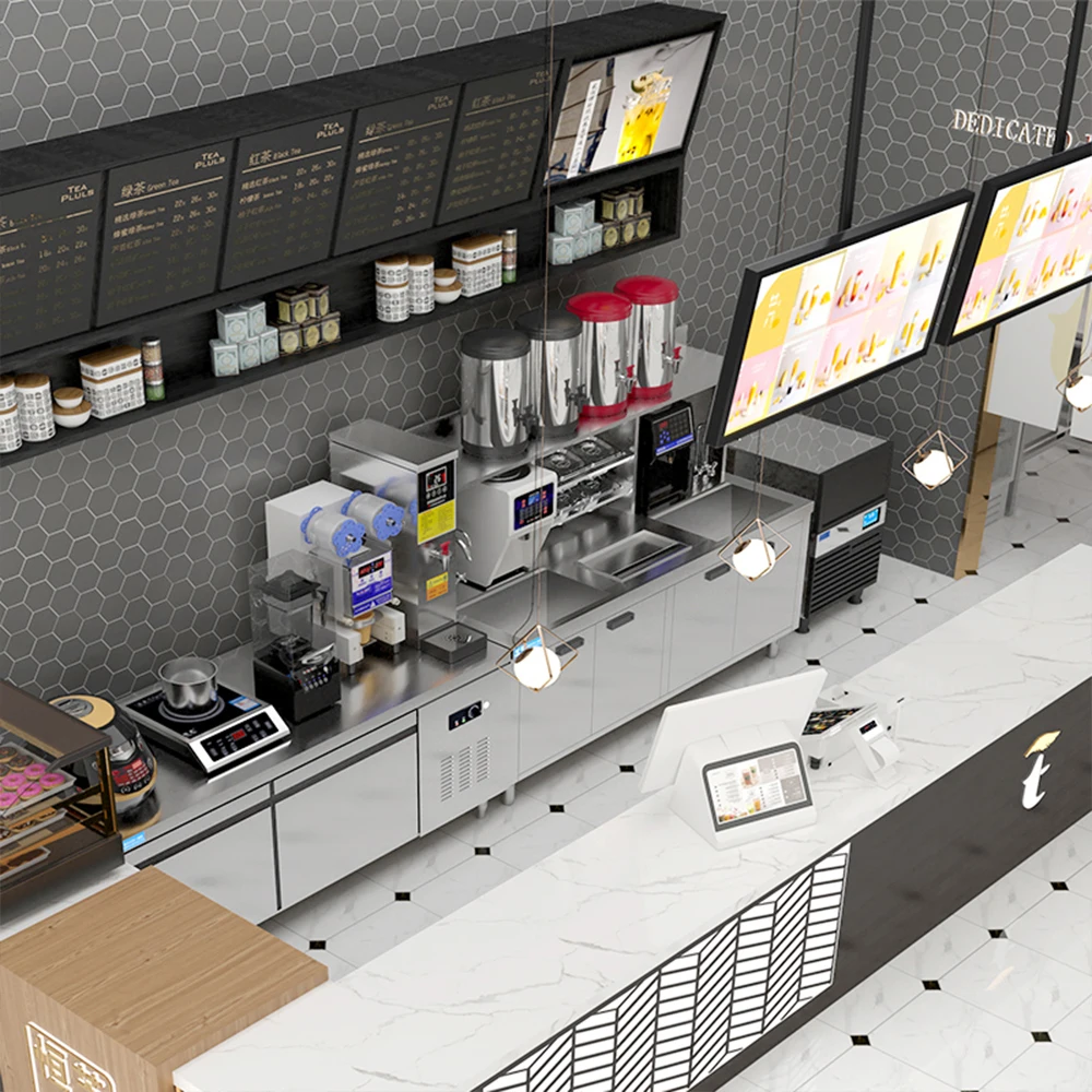 HENGZHI Factory Outlet Customizable All Set Bubble Tea Equipment Milk Tea Shop Counter Bubble Tea Counter with 3D Design Layout