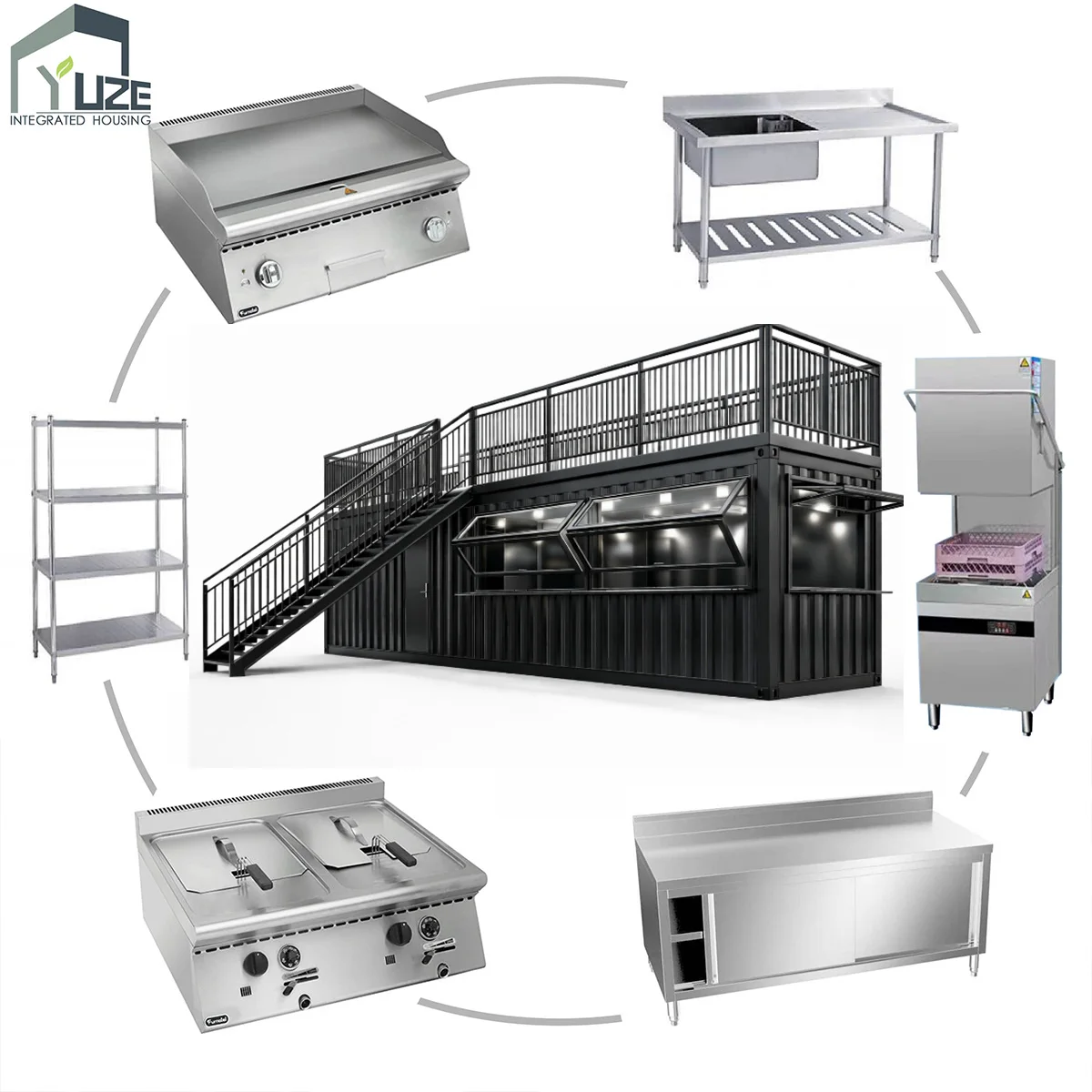 Durable Steel Structure Commercial 40FT Fully Equipped & Functional Shipping Container BBQ Restaurant with Rooftop Deck