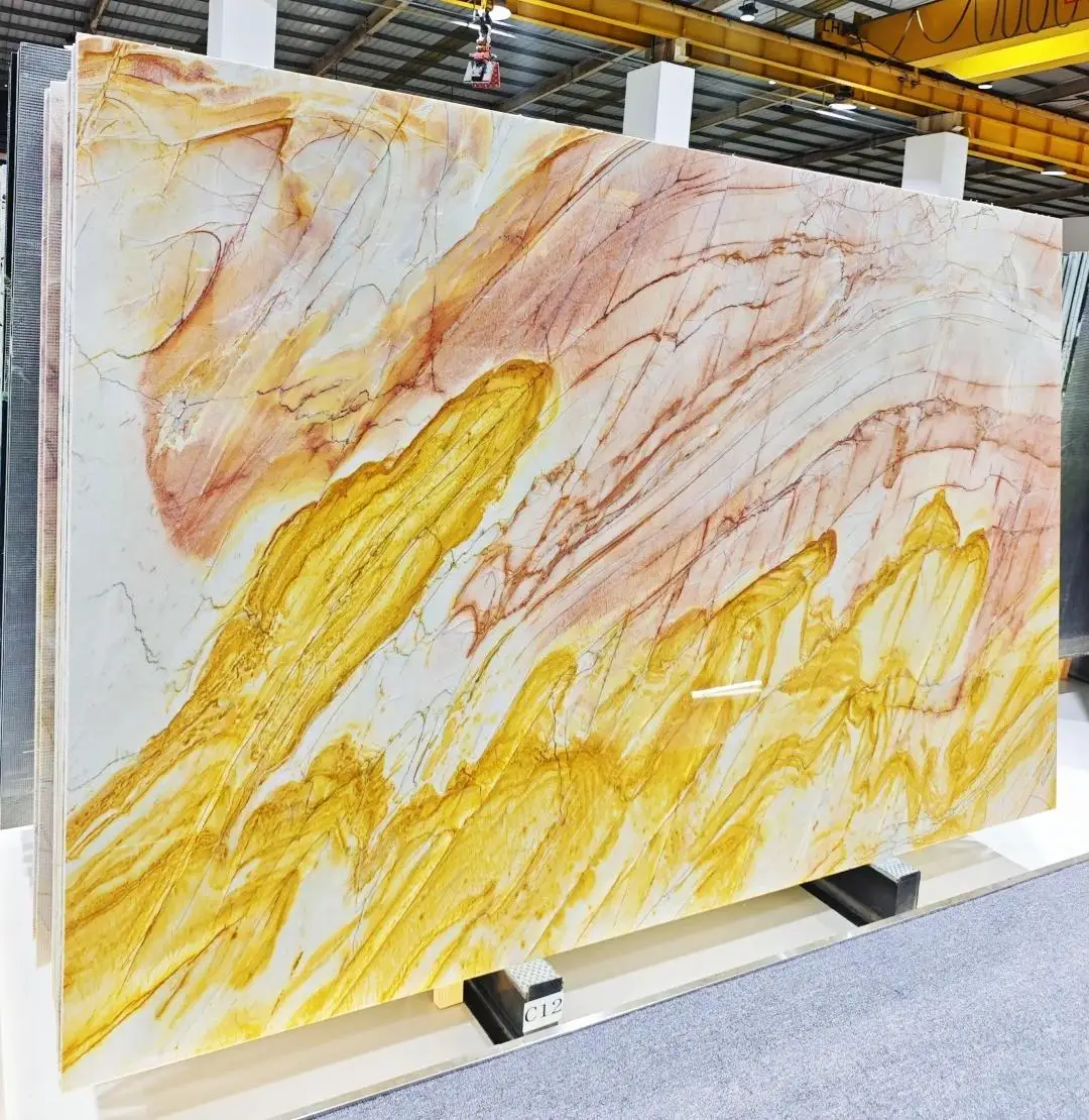 Алтын-кызгылт бразилиялык кварцит плита, ичке башкаруу үчүн табигый люкс мрамор камышы