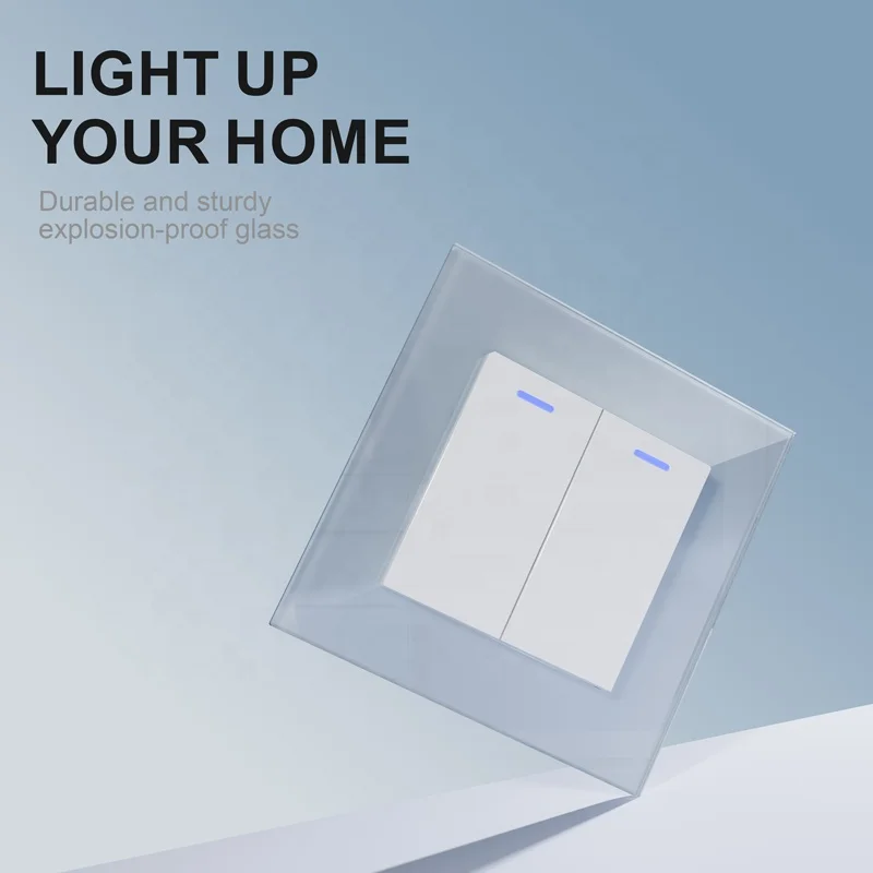 Two Gang One Way Three Way Light Switch With LED Indicator Luxury Design EU Glass Panel 250V 10A Wall Socket