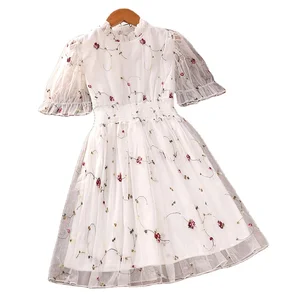 Girls A-line Frock 2022 New Cute Summer Lace Short Puff Sleeves Solid Color Floral Mesh Skirt Kids Princess Dress