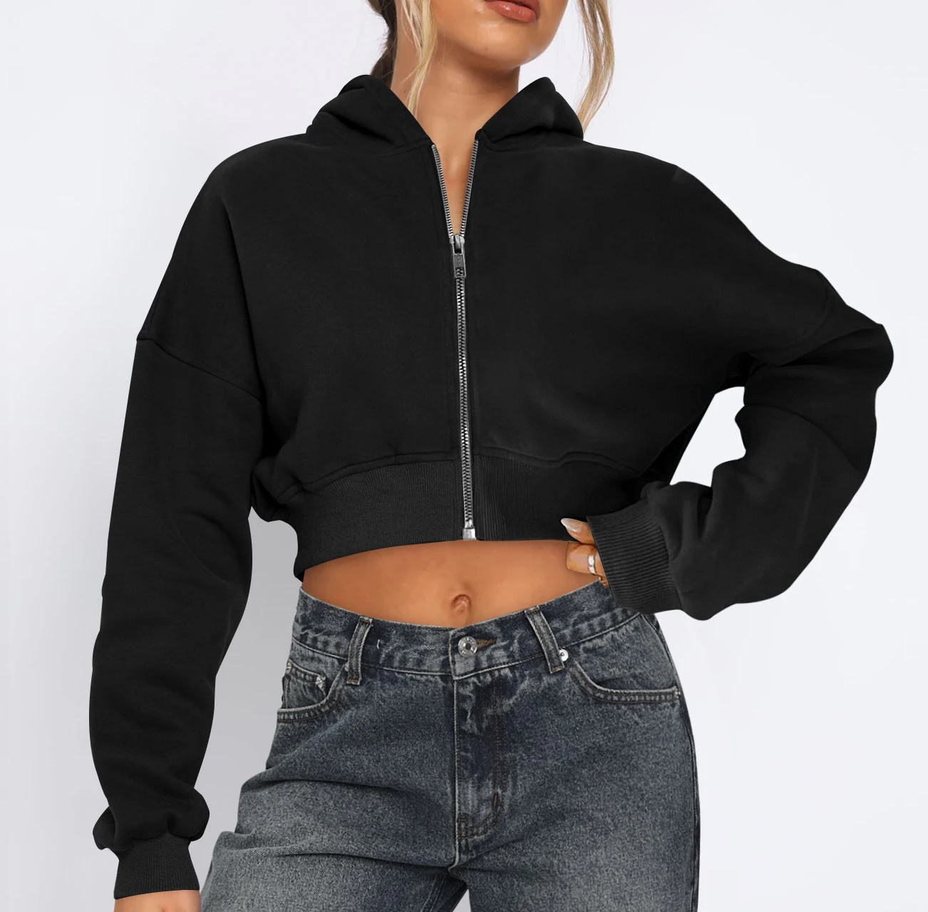 DUOLLB Custom Plus Size Long Sleeve Washed Hooded Sweatshirts OEM Women Streetwear Shirred Waist Cropped Hoodies Pullover Tops