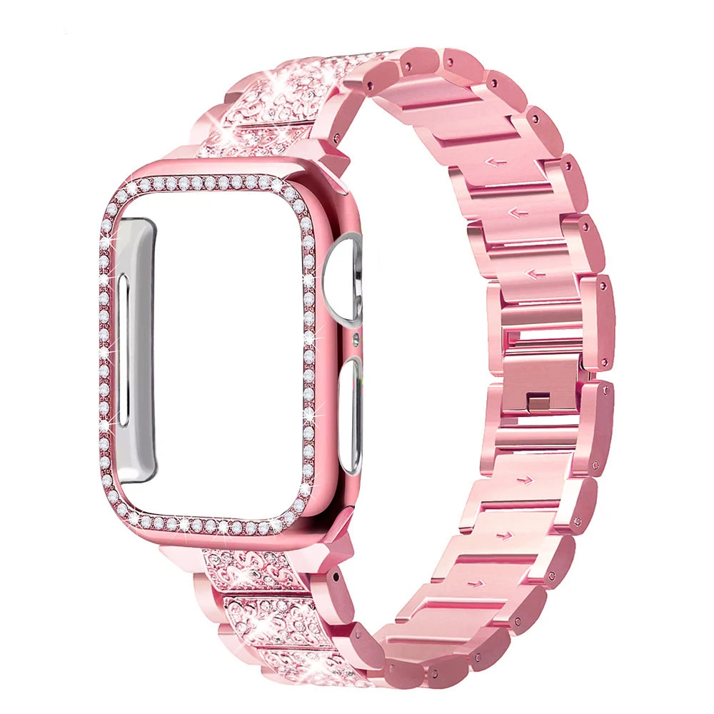 Stainless Steel Smart Watch Strap with Protective Cases For Apple Watch Series 1/2/3/4/5/6 Luxury Diamond Band