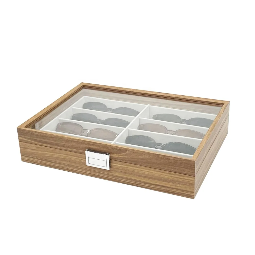 Изготовленный на заказ деревянный ящик с 8 решетками держатель для очков крышкой деревянные коробки откидной лоток ювелирных изделий стеклянные