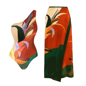 2024 Oil Painting Brushstrokes Printing One Shoulder One Piece Swimsuit and Cover up Asymmetrical Swimwear Designer Bathing Suit