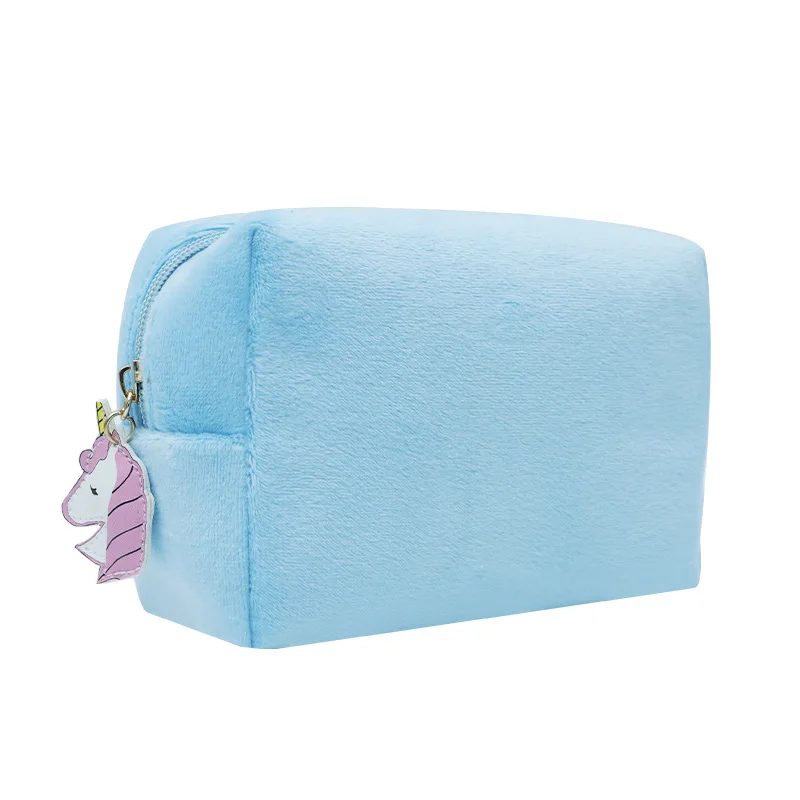 Female Solid Color Blank Velvet Makeup Pouch Girls Cute Unicorn Ornaments Soft Plush Cosmetic Bag