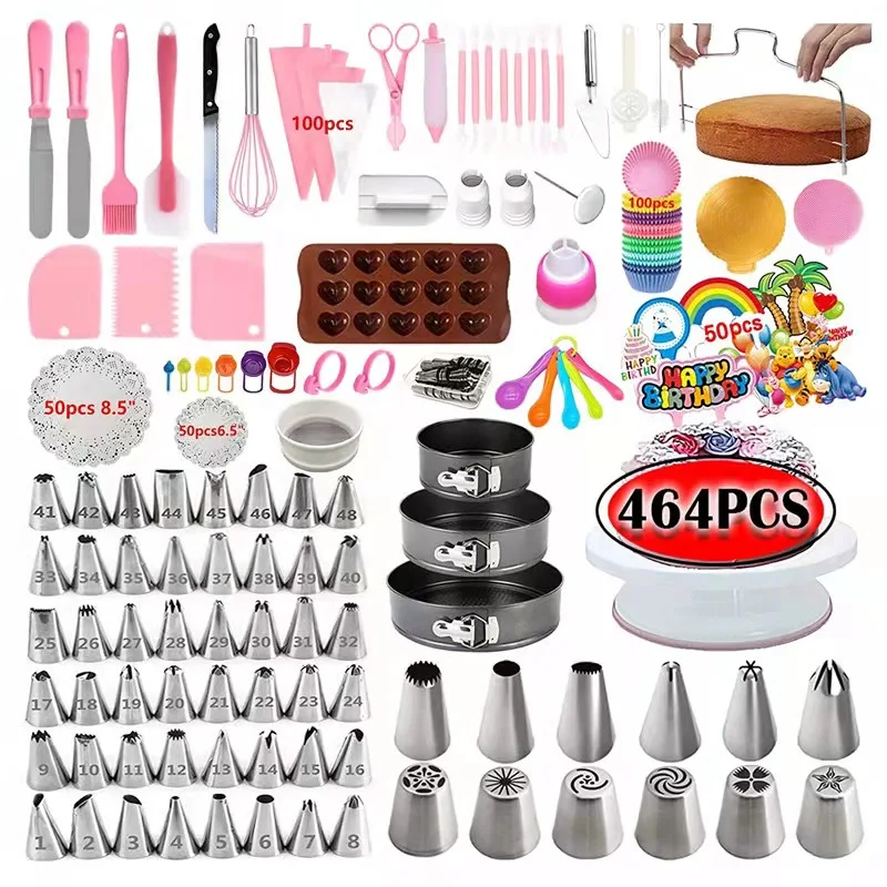 464PCS Cake Turntable Set With Round Cake Pans Decorating Supplies Kit Baking Pastry Tools Baking Accessories
