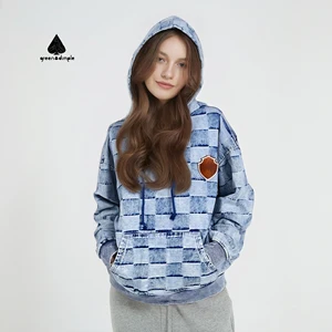 Customize Women Light Blue Denim Pullover Blazer Kangaroo Pockets Hoodie Block Pattern Washed Casual Cotton Denim Hoodie