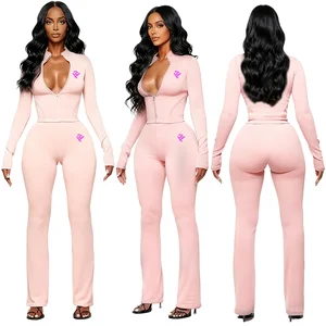 Customize Women's Autumn Solid Two Piece Long Fleece Y2K Streetwear Loungewear Tracksuit Set