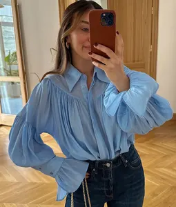 Ruffled Loose Shirts Cardigan for Women Summer Lapel Long Sleeve Casual Solid See-Through Blouse Female Pleated Shirts