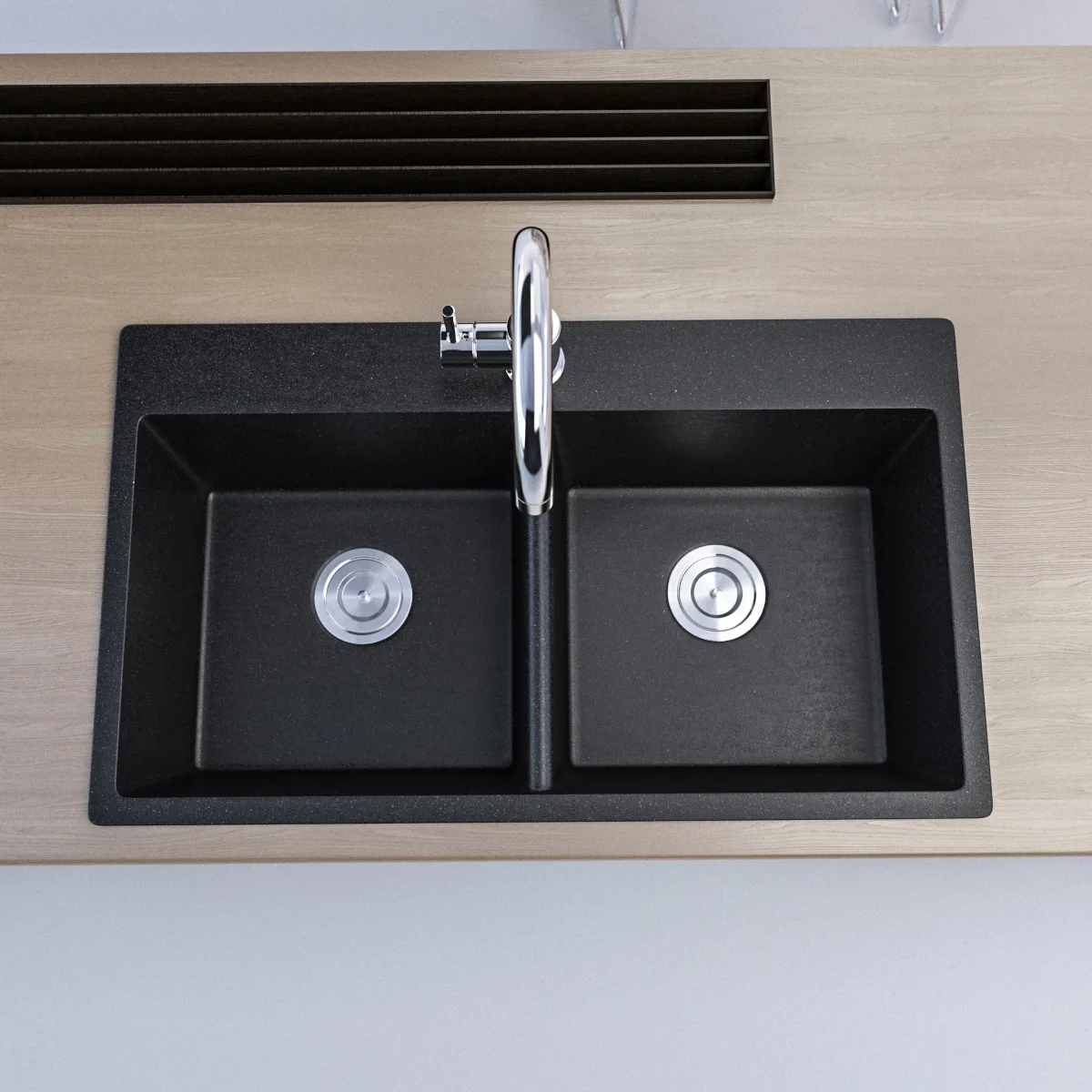 Double Bowl Solid Surface Quartz Composite Granite Modern Matt Black Undermount Farmer  Kitchen Sink