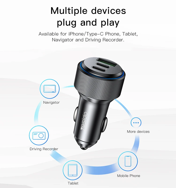 Yesido Brand-new 30W USB And 2 Type-C Three Ports Fast Chargeing LED Lamp Ring Aluminium Alloy Car Charger