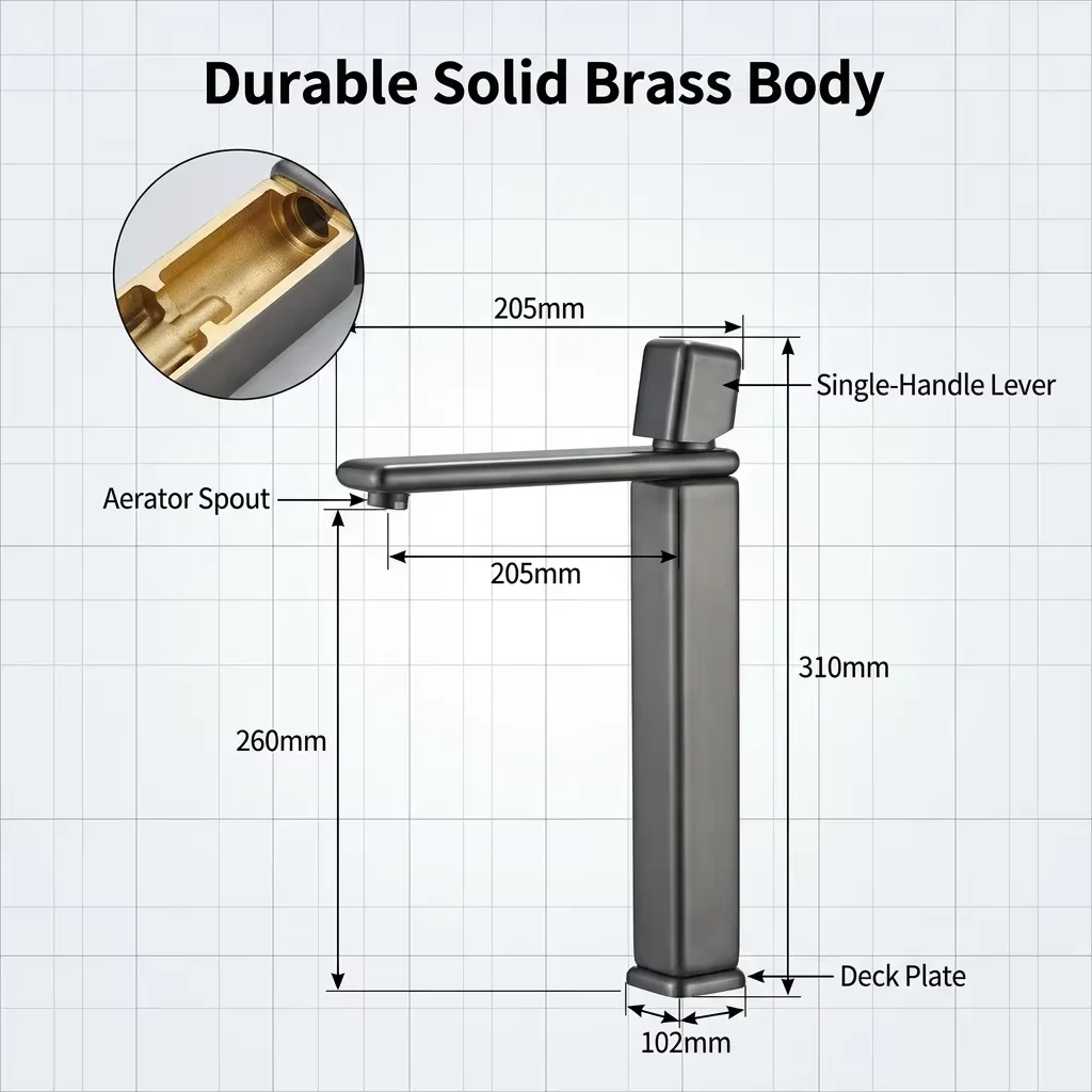 Precision-engineered faucet components and finish Close-up detail of brass construction and square spout design