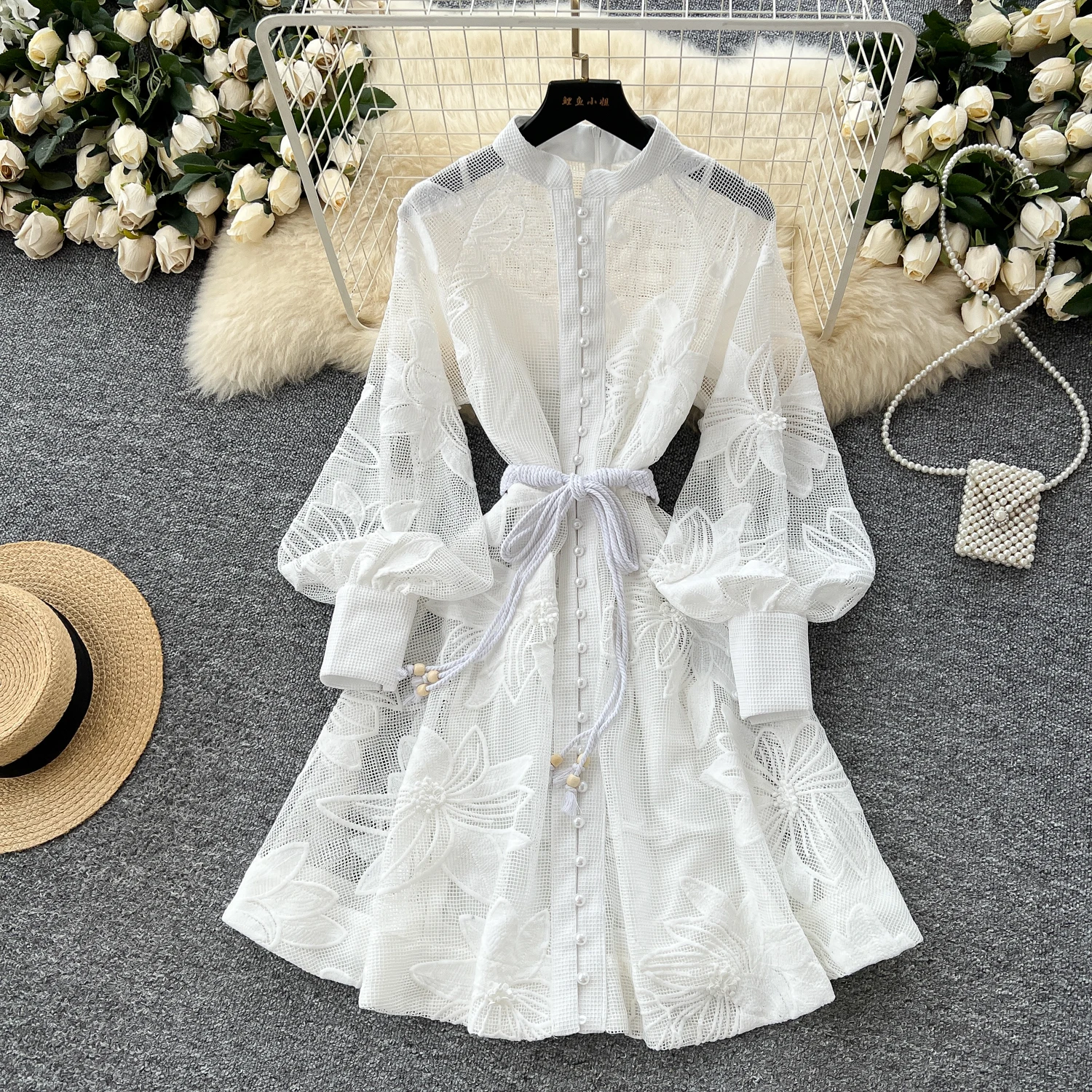 Elegant Dresses LW1425 Lace Dress With Tie-Waist Hollow-Out Embroidery  Single Button A-Line Flared Dress Clothes for Women
