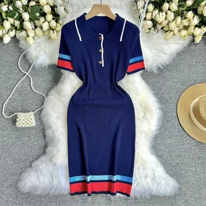 Summer Casual POLO Neck Color-blocked Short-sleeved Ice Silk Knitted Figure-hugging Dress for Women