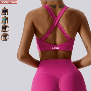 YISHENHON Custom Logo Private Label Wholesale High Quality Printed Yoga Bra Top Fitness Open Back Halter Sports Bra for Women