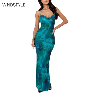 Custom Women's Sexy Halter Lace-up Floral Printed Satin Suspender Floor-Length Party for Summer Breathable Elegant OEM Service