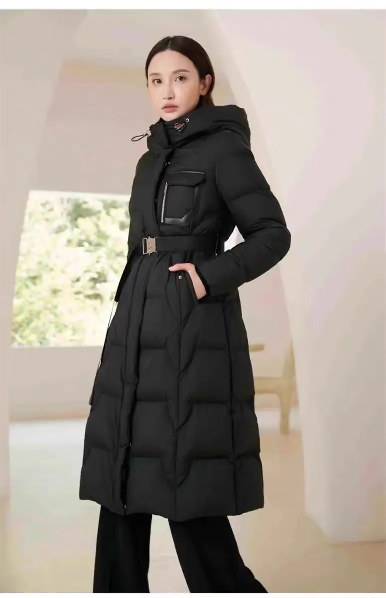 High Quality Women's Winter Parka Long Puffer Down Jacket with Hooded Collar Belt Thick Warmth Quilted Windbreaker Outdoor Coat