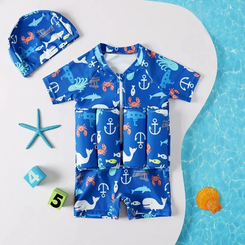 Children Buoyancy Swimsuit Swimming Training Swimwear Boys Girls Floating Rash Guards Bathing Suit with Caps W081