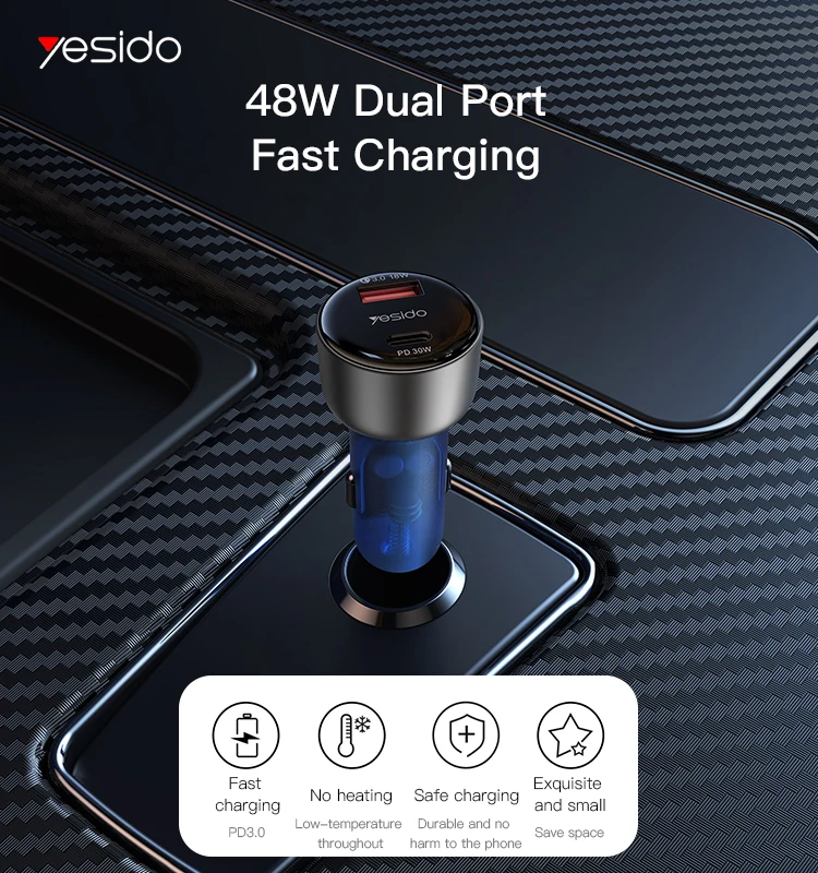 Yesido 48W Usb+Type-C Dual Port Support QC3.0 Safe Fast Charging Translucent Design Aluminium Alloy Car Charger