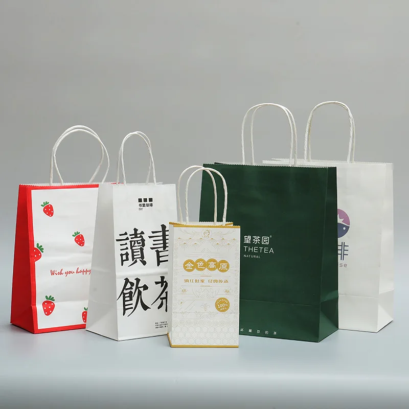 Custom Printed Shopping Kraft Paper Bag With Handle Restaurant Fast Food Takeaway Bag