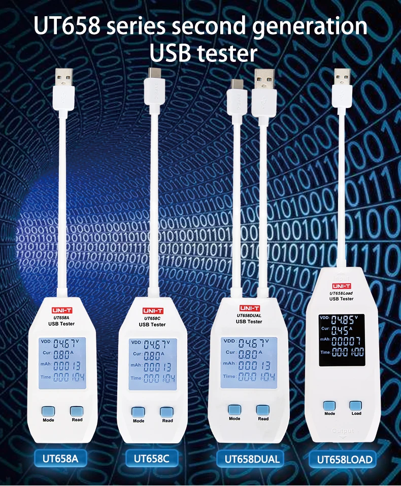 UNI-T UT658 Dual USB Tester Charger for Mobile Phones Type A/C Interface 6-24V DC Voltage Range Fast Charge Phone Fixing TOOLS