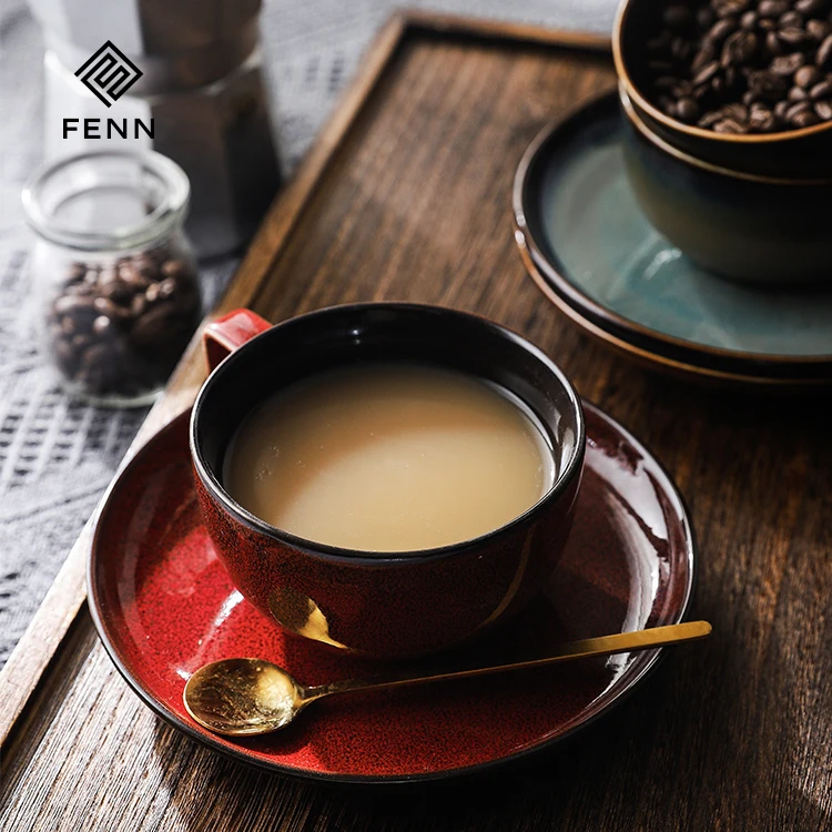 FENN High Quality And Nice Design Green Ceramic Home Coffee Cups Set 250ml Mugs Vintage Style Coffee Cup and Saucer for Gift