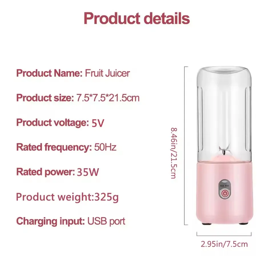 Portable 400ML Electric Juicer Blender Rechargeable Mini USB Juicer 6 Blades Smoothie Fruit Professor Wireless at Home