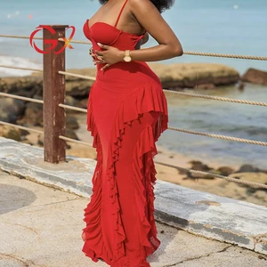 GX1574 Good Quality Women Clothes Boutique V-Neck Sleeveless Ruffled Design Maxi Dress Sexy Party Evening Long Dresses