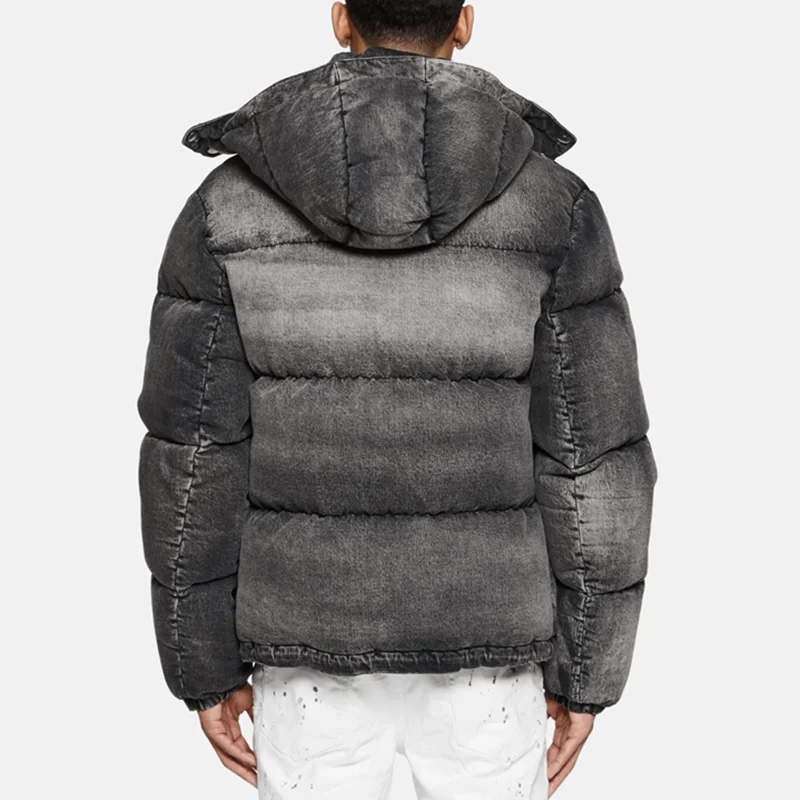 Vintage Manufacturer Custom Oversized Distressed Padded Bubble Denim Puffer Jacket for Men Sun Faded Acid Wash Front Zip Closure gallery 3