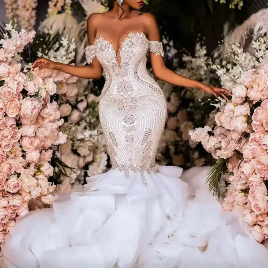 2025 Luxury Diamonds Glitter Sheer Neck Wedding Dress Short Sleeve Crystal  Sequins Beading Ruffle Train Mermaid Bridal Gowns