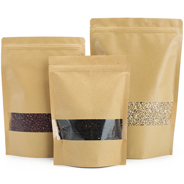 Customizable Kraft Paper Stand-Up Coffee Pouch Resealable Clear Window Printed Logo for Coffee and Pet Food Packaging