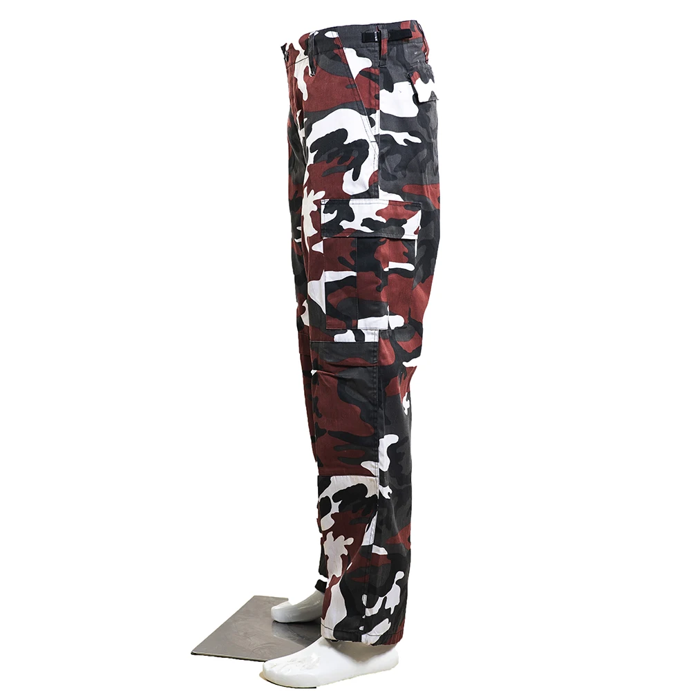 Hot Selling Men's Red Camouflage Straight Drawstring Multi-Pocket Cargo Pants
