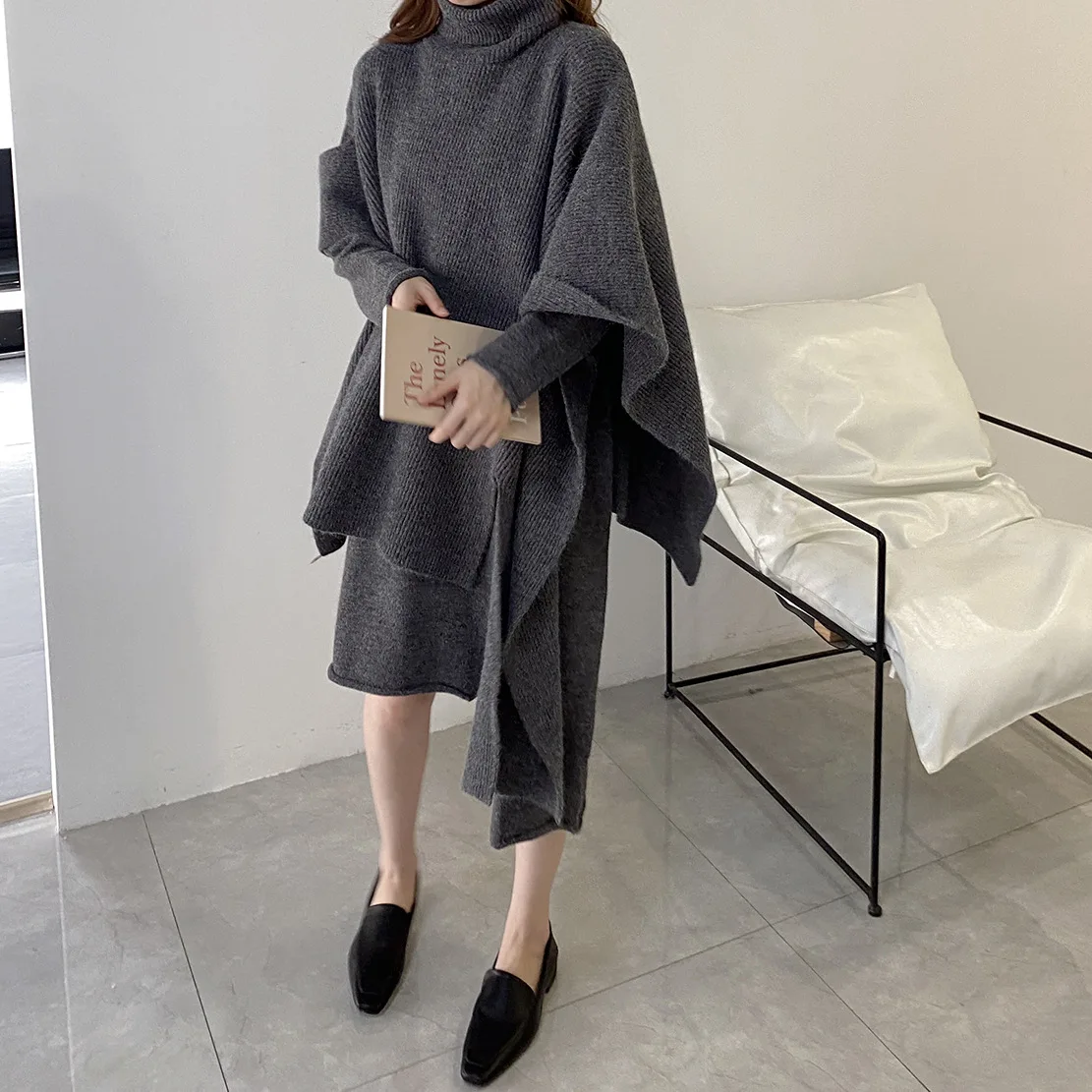 S033, зимнее поступление, элегантный теплый свитер с высоким воротником, накидка, женское вязаное платье с длинным рукавом, костюм из двух предметов, заводская цена